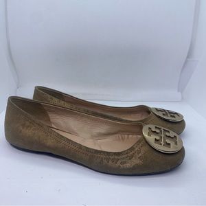 Tory Burch Tan Flats with Gold Logo